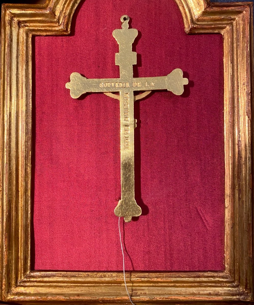 Second Restoration Louis XVIII Mission Souvenir Cross 1821 Gold Plated Golden Wood Frame-photo-5