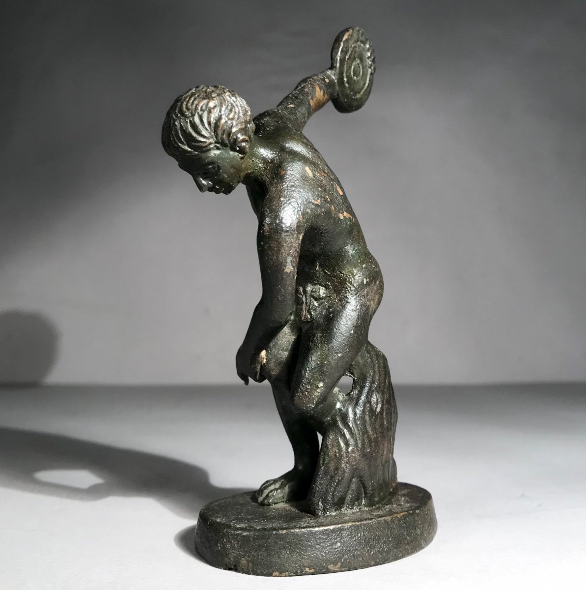 Classical Art "discoball" Bronze Sculpture Dark Green Patina 19th Century Ancient Greece -photo-1