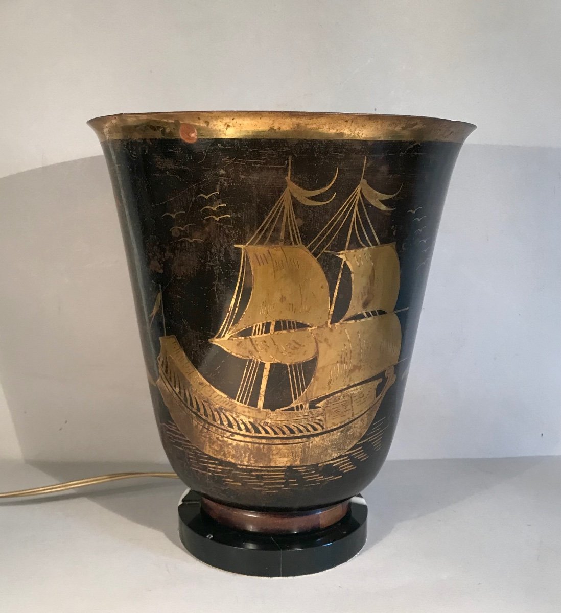 Art Deco Lucien Gerfaux Copper And Marble Dinanderie Basin Lamp Maritime Decor Gold Circa 1930-photo-4