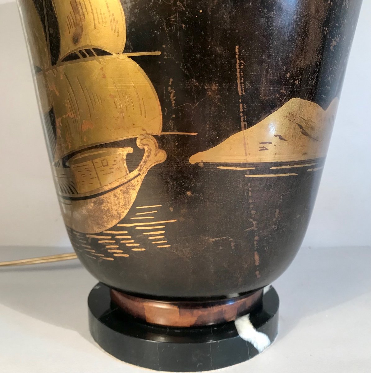 Art Deco Lucien Gerfaux Copper And Marble Dinanderie Basin Lamp Maritime Decor Gold Circa 1930-photo-3