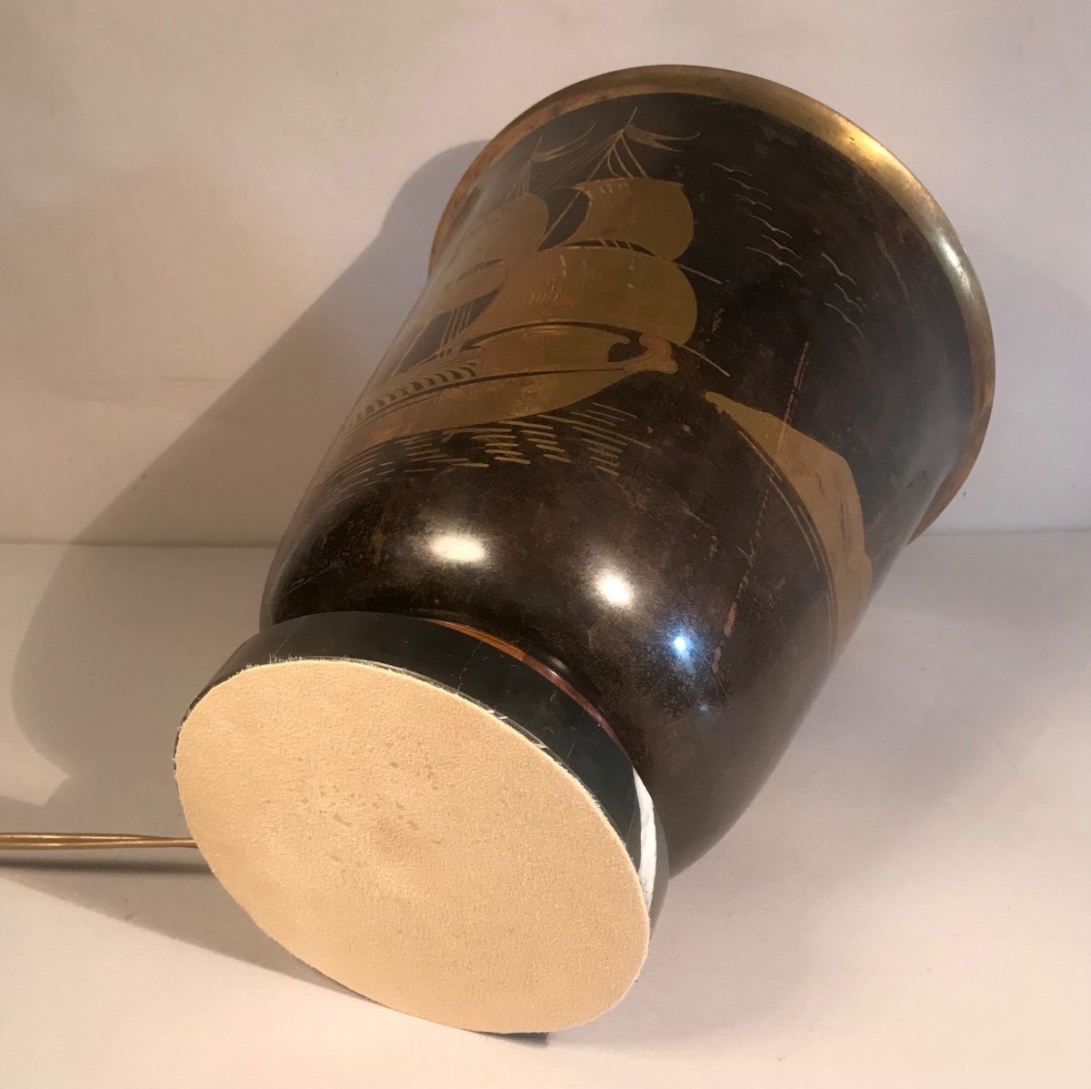 Art Deco Lucien Gerfaux Copper And Marble Dinanderie Basin Lamp Maritime Decor Gold Circa 1930-photo-5