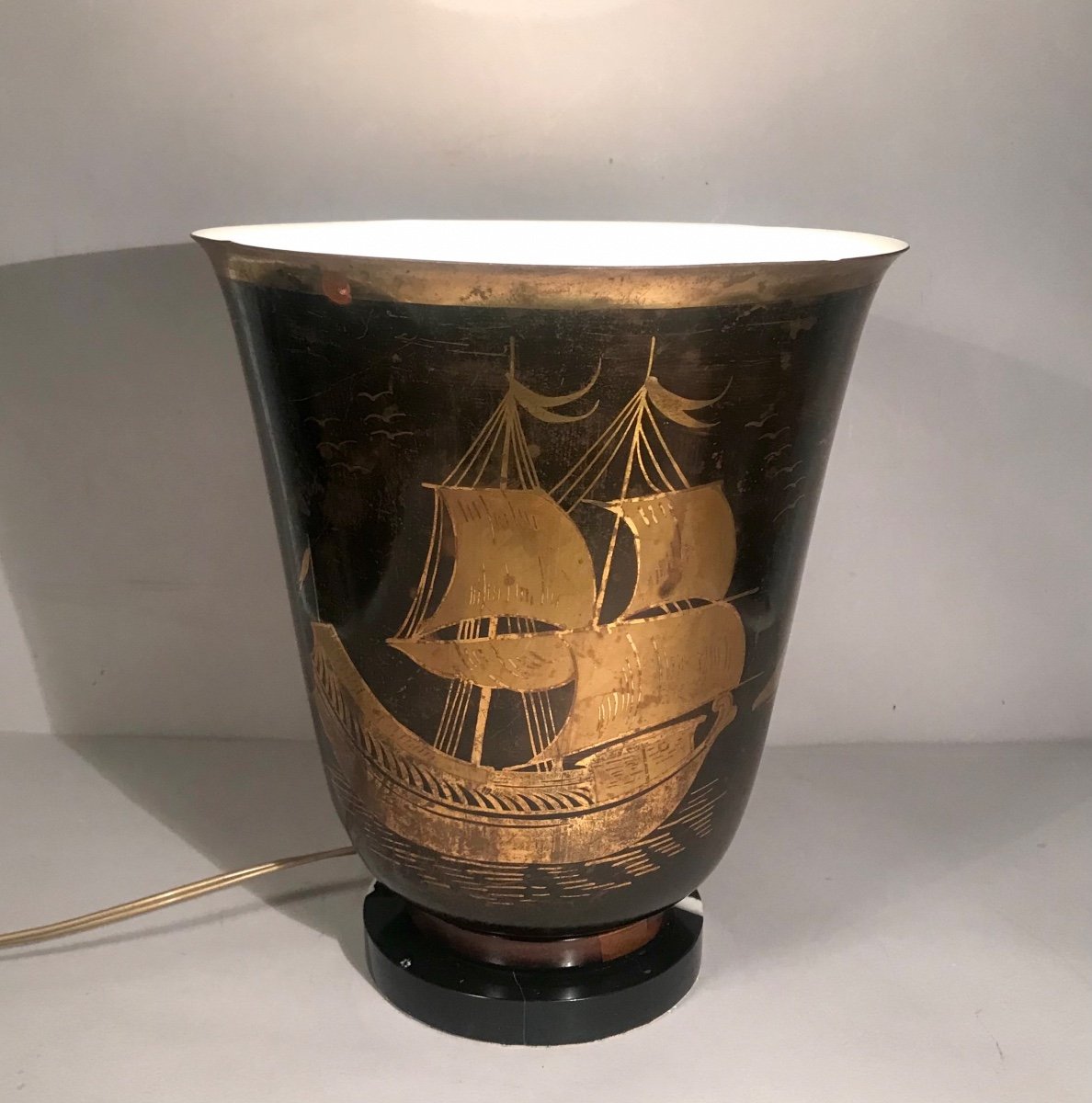 Art Deco Lucien Gerfaux Copper And Marble Dinanderie Basin Lamp Maritime Decor Gold Circa 1930-photo-6