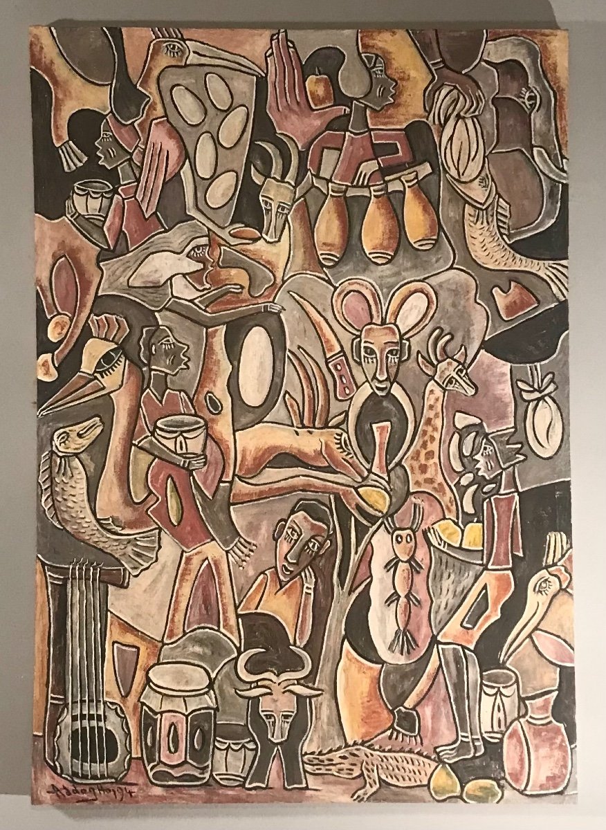 Art Moderne Africain « pandémonium » Hst Signée Addogho Datée (19)94 Art Moderne