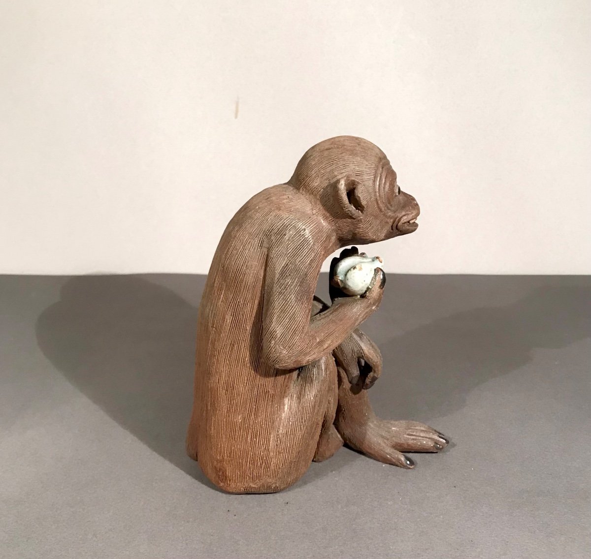 Asian Arts Japan Macaque With Fruit In Stoneware Partially Glazed 20th Century Wisdom-photo-1