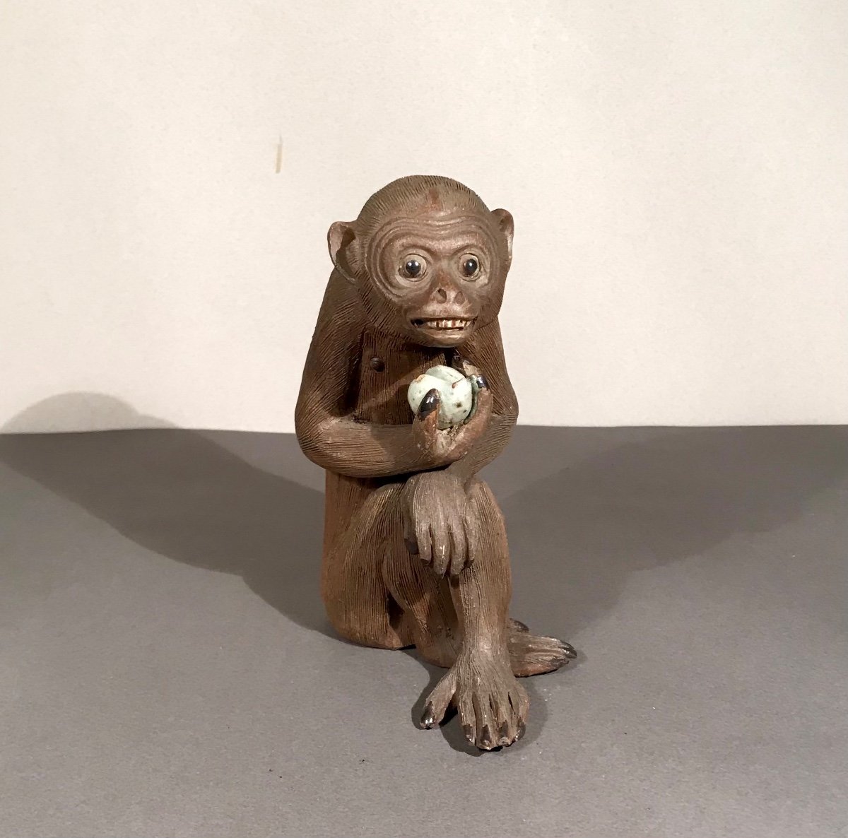 Asian Arts Japan Macaque With Fruit In Stoneware Partially Glazed 20th Century Wisdom-photo-4