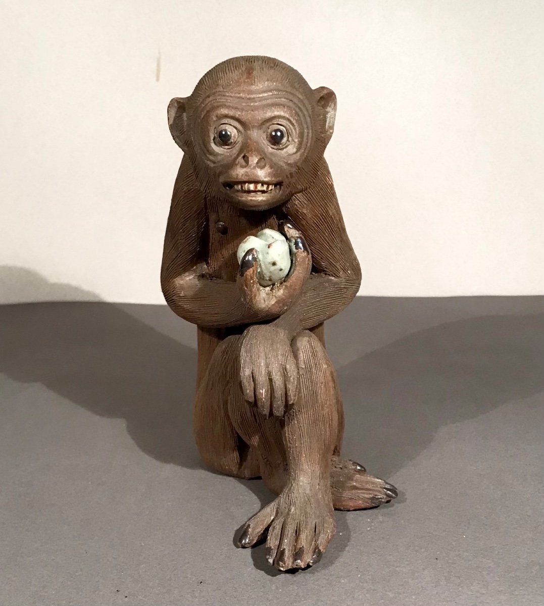 Asian Arts Japan Macaque With Fruit In Stoneware Partially Glazed 20th Century Wisdom