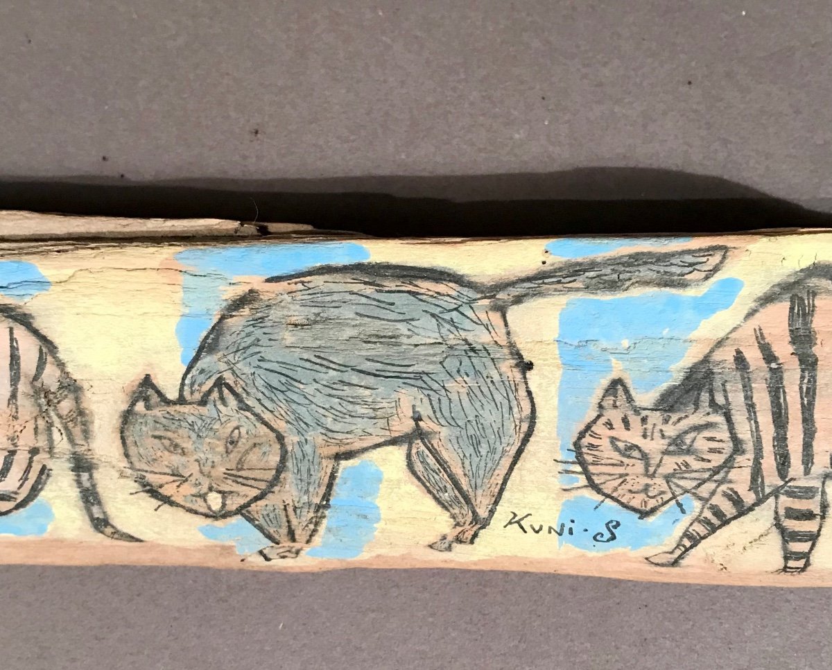 Art Moderne Peinture-dessin  Sur Bois Flotté Art Japonais «cat Attack» Signé Kuni S. XXè Siècle-photo-2