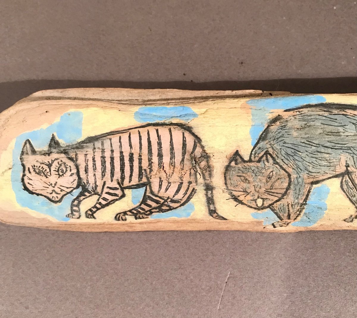 Art Moderne Peinture-dessin  Sur Bois Flotté Art Japonais «cat Attack» Signé Kuni S. XXè Siècle-photo-3