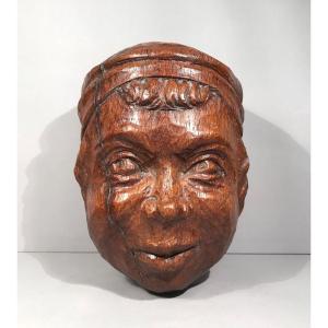 XVIIIth Folk Art Character Head Sculpture In Carved Blond Oak Signed Haute-époque