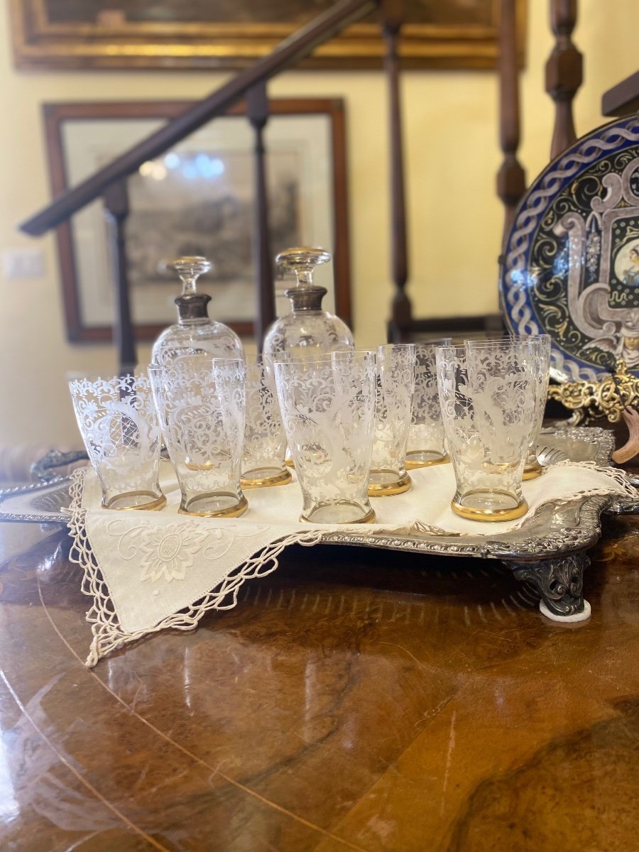 Set Of Crystal Glasses With Two Bottles – Late 19th Century-photo-3