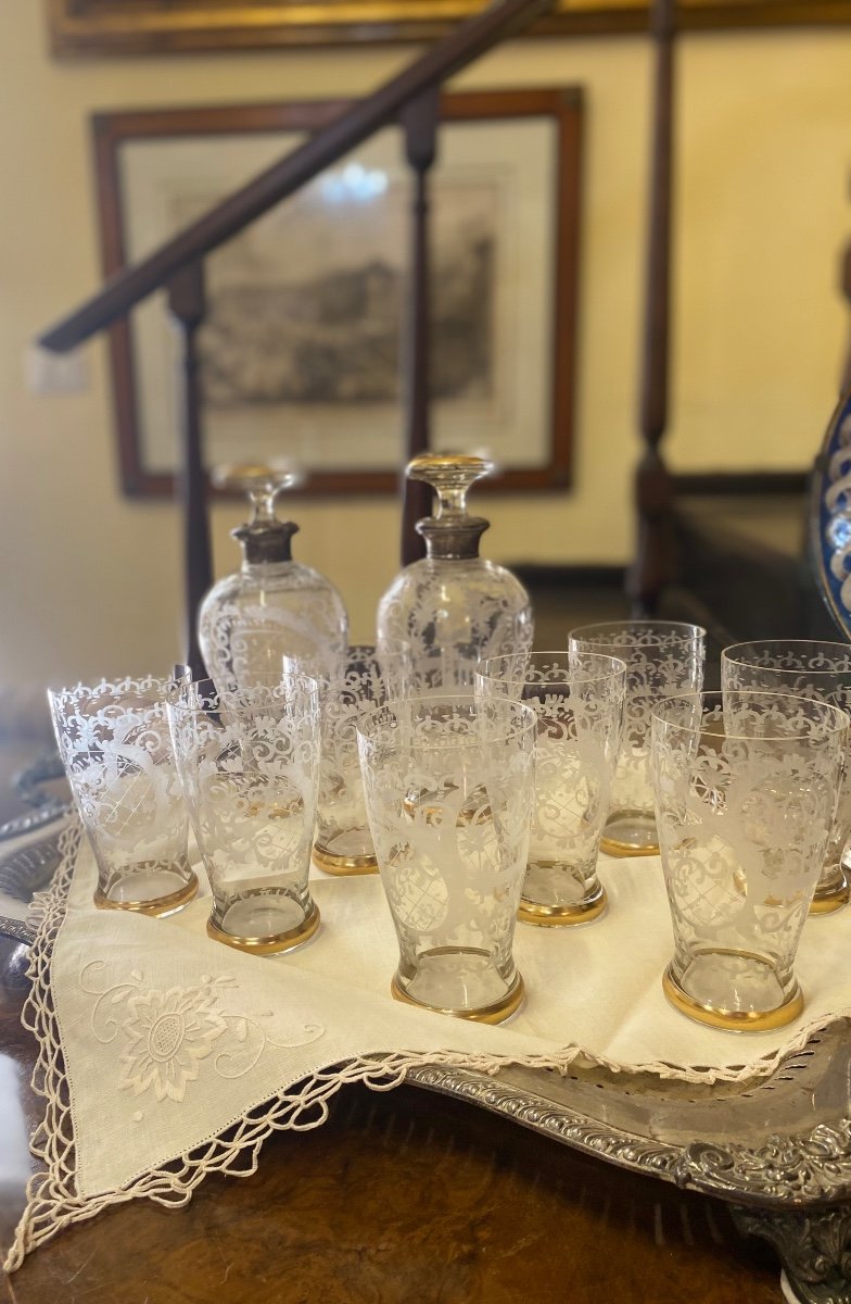 Set Of Crystal Glasses With Two Bottles – Late 19th Century-photo-2