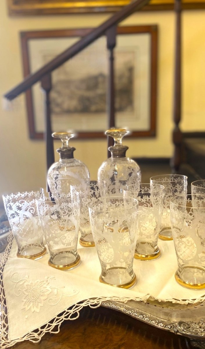 Set Of Crystal Glasses With Two Bottles – Late 19th Century