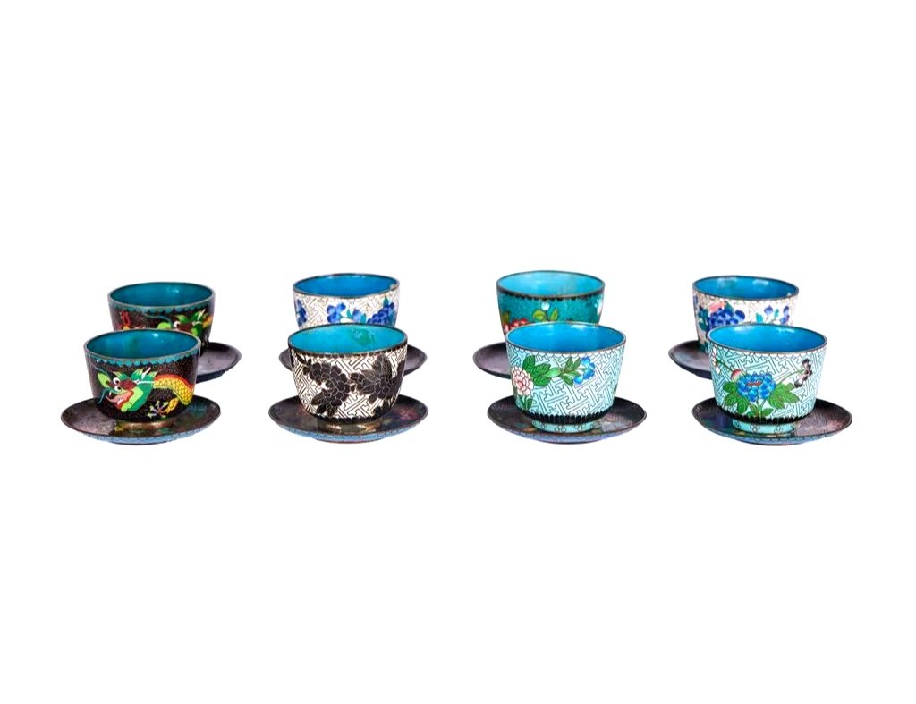 Eight Cups And Saucers In Cloissonnè Enamel Metal, China XX Century-photo-2