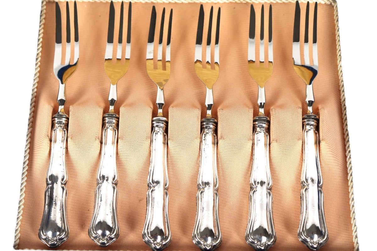 Set Of Six Dessert Forks With Silver Handles.-photo-2