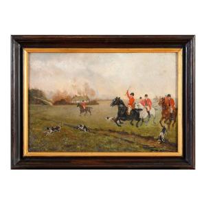 Oil Painting On Canvas “fox Hunt” - 19th Century XIX