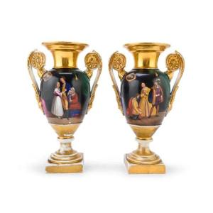Pair Of Beautiful Vases In French Polychrome Porcelain  -19th Century