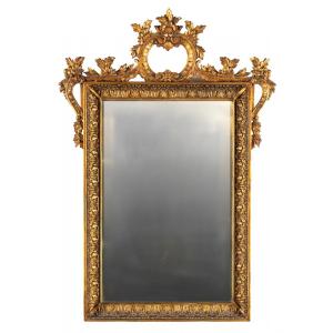 Miroir En Bois Doré à Grand Cartouche Central – XIXe Siècle 