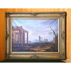 Oil Painting On Canvas Depicting An Architectural Whim With Ruins 