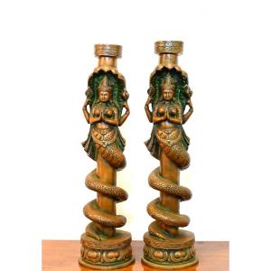 Pair Of Bronze Candlesticks. India, 20th Century 