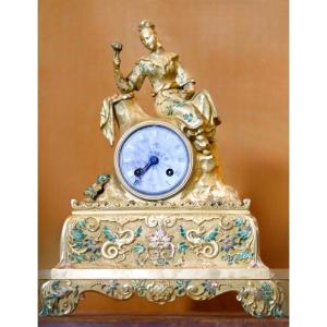 Gilded Bronze Table Clock With Enamel Painted Decoration - France - 19th Century