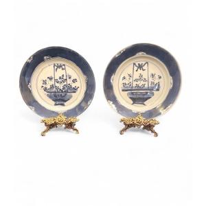 Pair Of White And Blue Enamel Plates - China 19th Century -