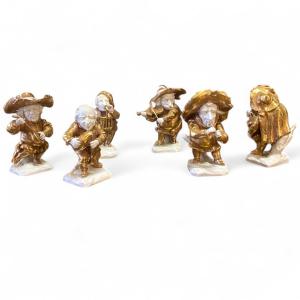 Six Caramogi (figures Grotesques) En Porcelaine Blanche Et Or. Ginori, Fin Du 19e Siècle