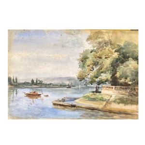 Boat With Fishermen. Watercolour, 20th Century