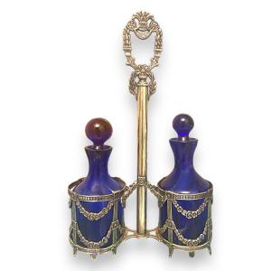 Huilier En Argent Avec ampoles En Verre Bleu Cobalt. Espagne, Pedro Duran - 20ème Siècle