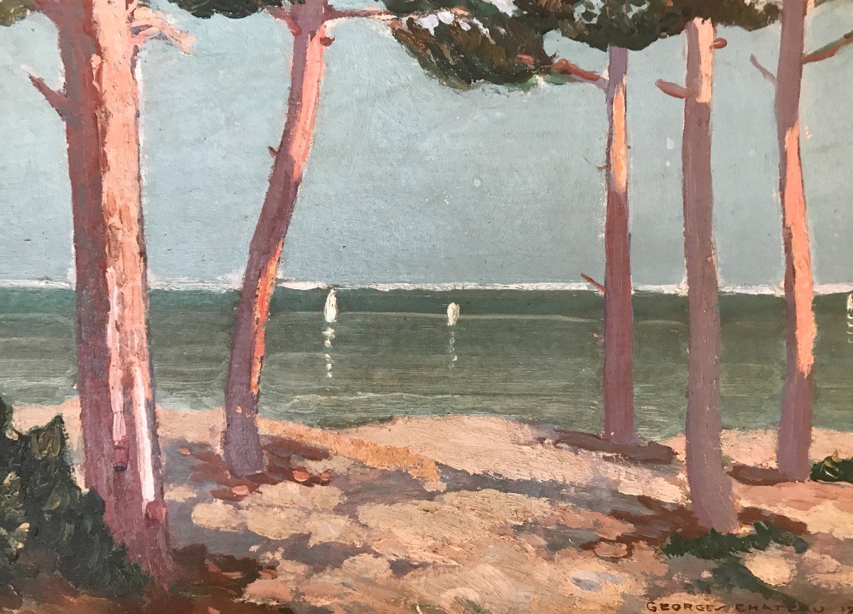 Marine Paysage Du Bassin d'Arcachon Georges Chateau 1947 Huile Sur Carton-photo-2