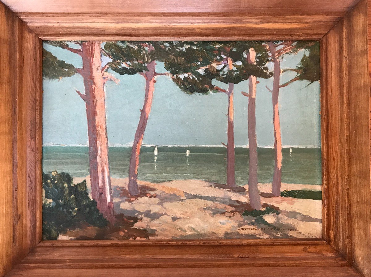 Marine Paysage Du Bassin d'Arcachon Georges Chateau 1947 Huile Sur Carton