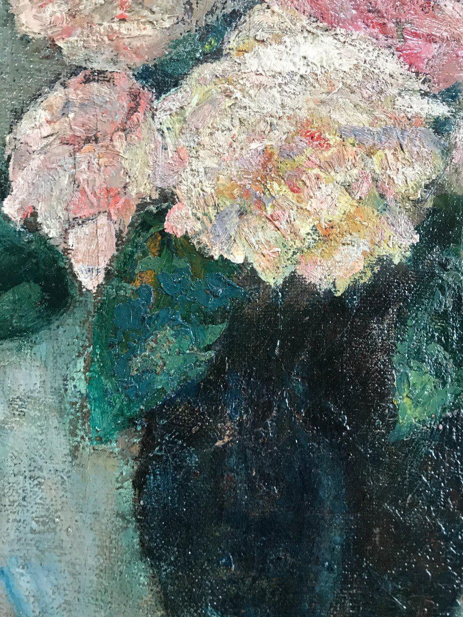 Emile Brunet (élève De G. Moreau)  Huile Sur Toile Cartonnée Portrait De Fleurs-photo-4