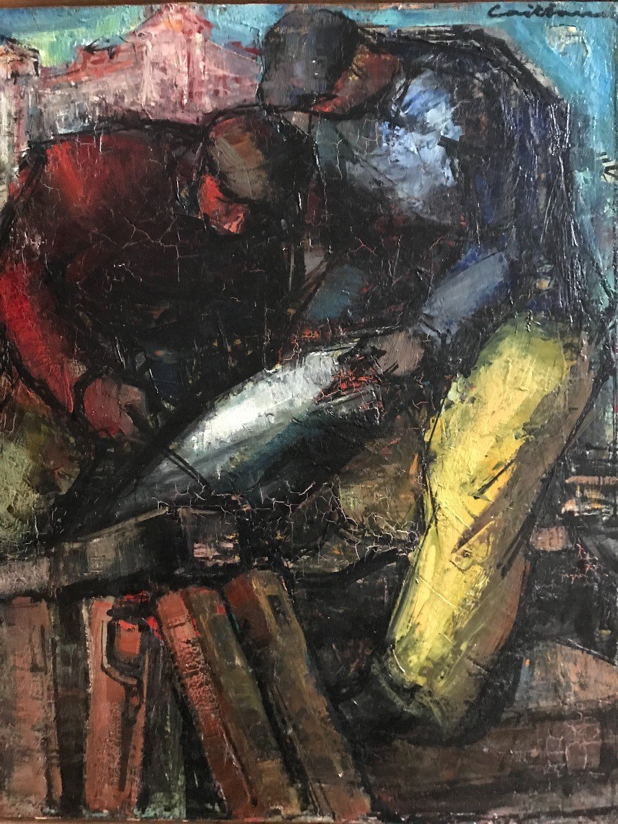 Rodolphe Caillaud Tuna Fishermen In Saint-jean-de-luz Oil On Panel Circa 1960