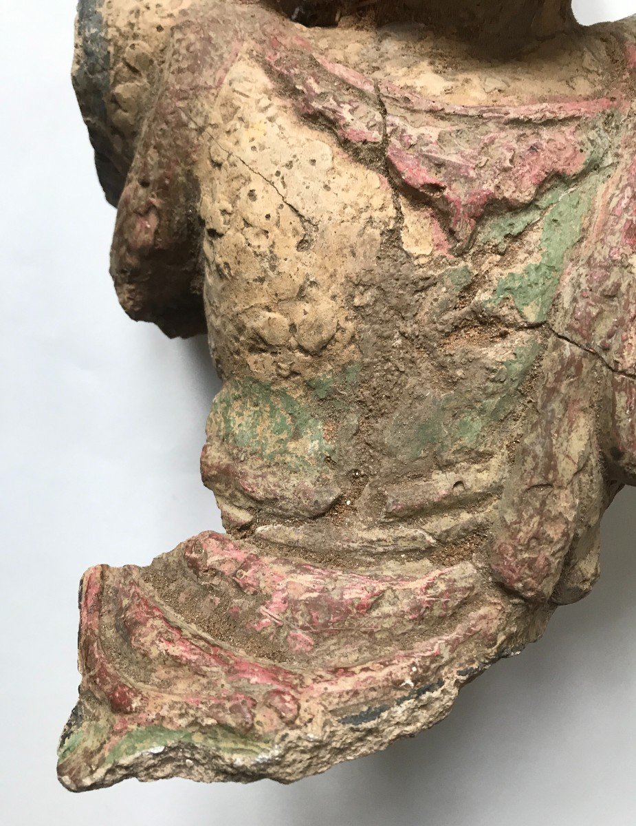 Fragment De Sculpture Khmer Asie Du Sud-est Grès Polychrome XIXème Siècle-photo-3