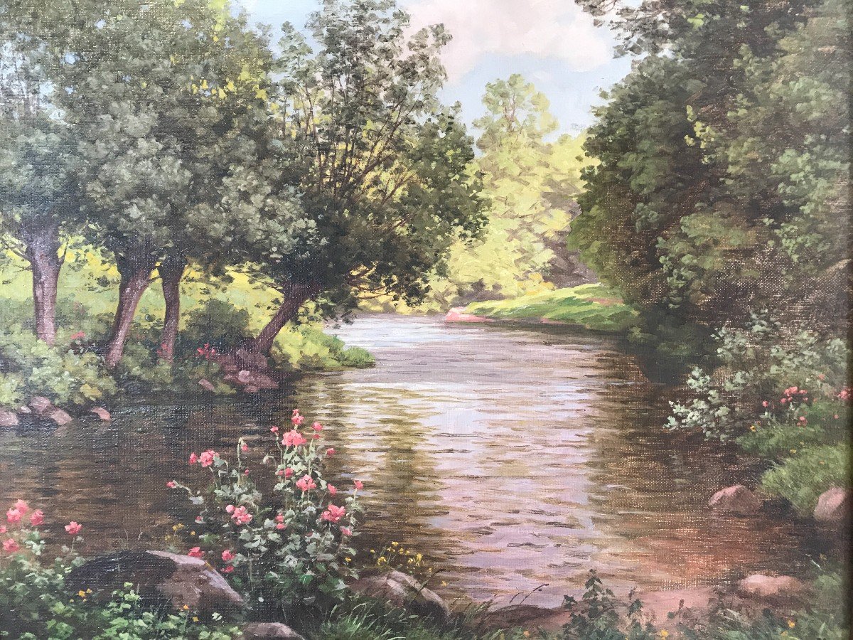 René His Les Bords De l'Eure Huile Sur Toile Paysage Français Début XXème Siècle-photo-3