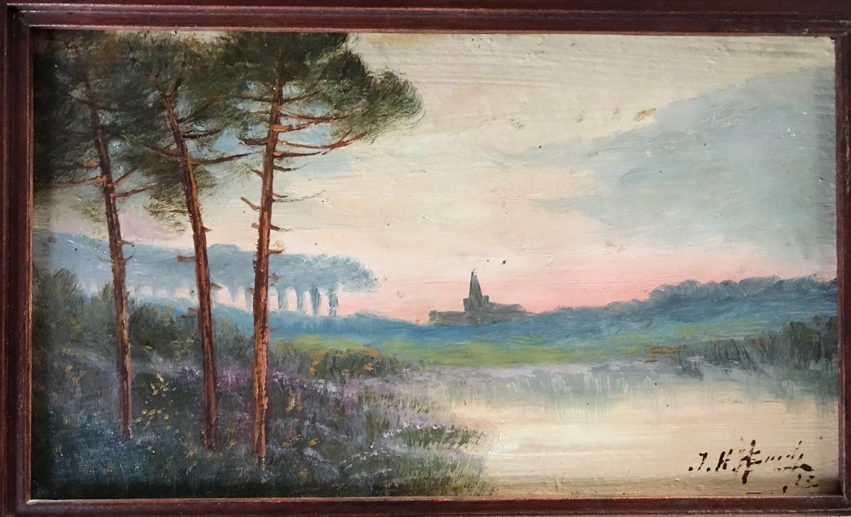 Landes Landscape. Oil On Strong Cardboard, Signed And Dated 1923. The Landes Forest, The Pines-photo-2