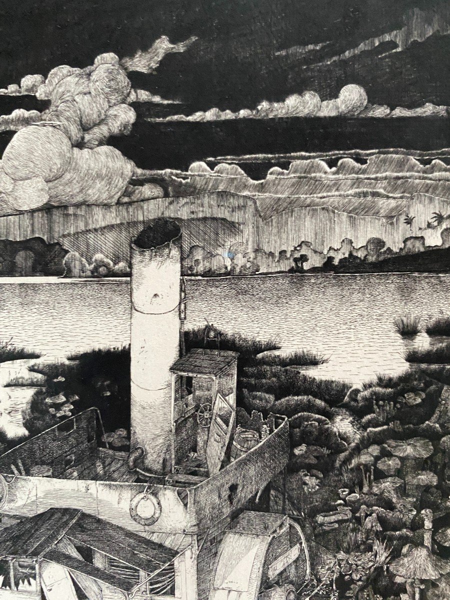 Philippe Mohlitz Paysage Fantastique Gravure Signée, Datée Et Dédicacée épreuve d'Artiste 1970 -photo-2