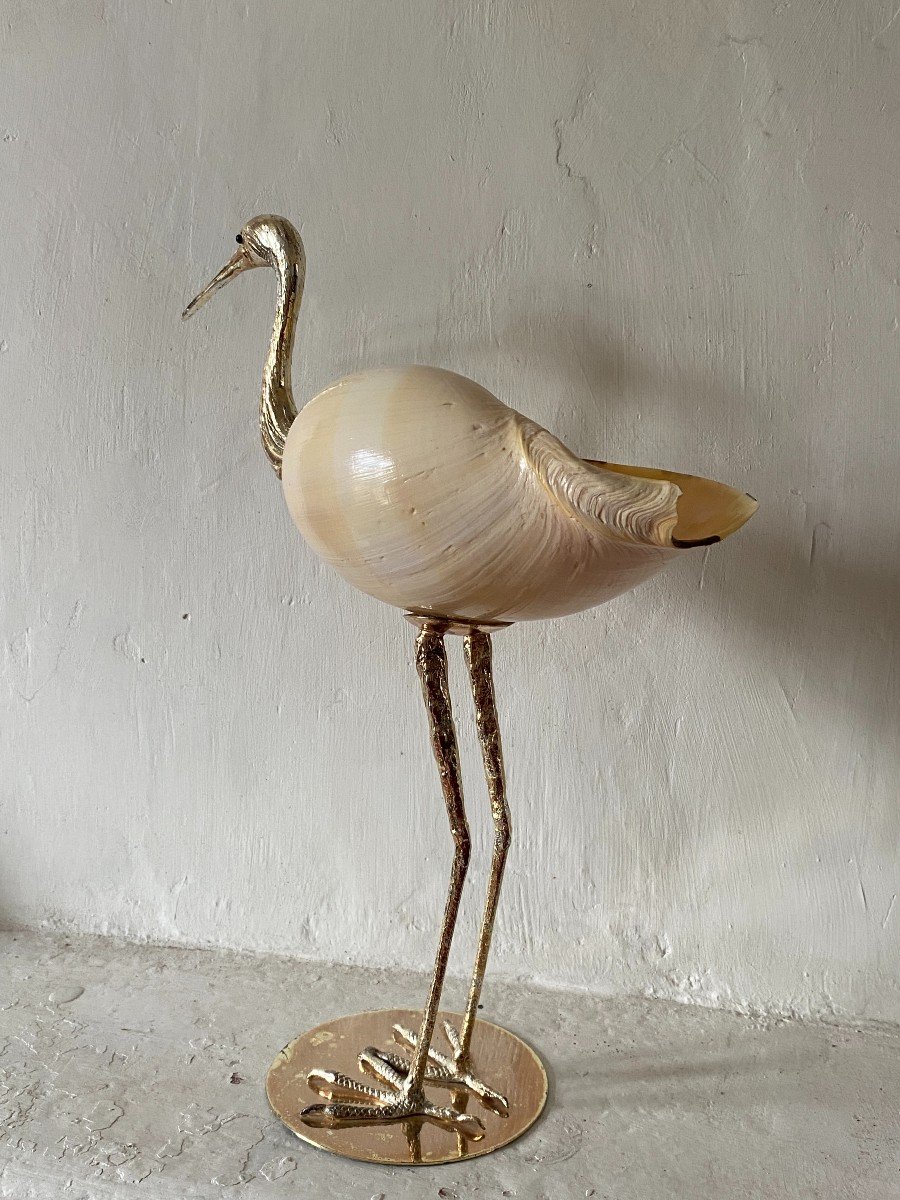 Sculpture Au Héron Oiseau Moderniste Signée Gabriella Binazzi Coquillage De Conque Métal Doré-photo-1