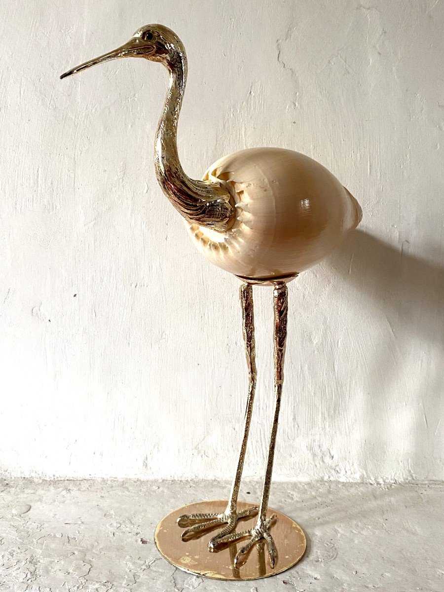 Sculpture Au Héron Oiseau Moderniste Signée Gabriella Binazzi Coquillage De Conque Métal Doré