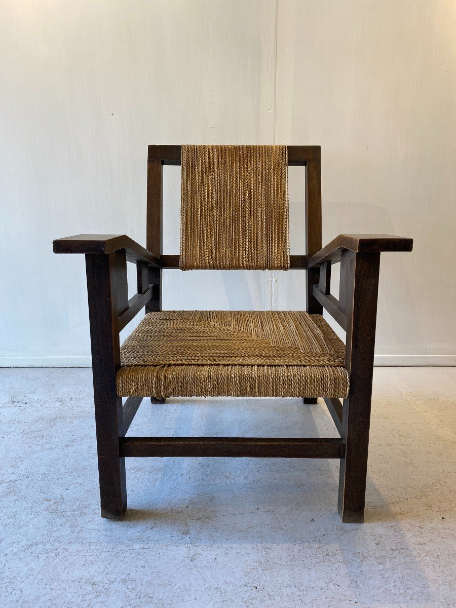 Francis Jourdain Art Deco Armchair Design 1930 Wood And Straw-photo-2