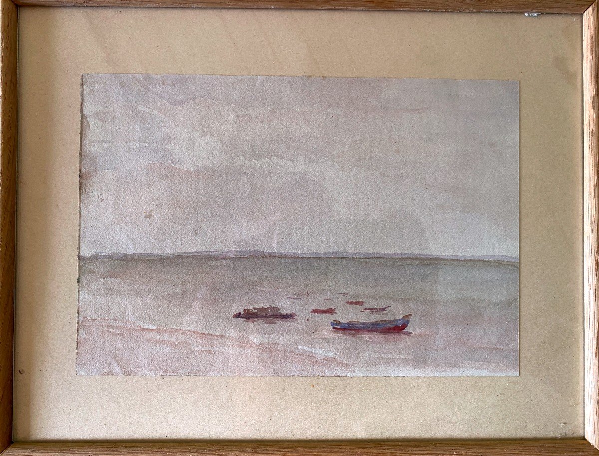  Aquarelle Sur Papier Paysage Atlantique Barques Sur Le Bassin Vers 1950-photo-2