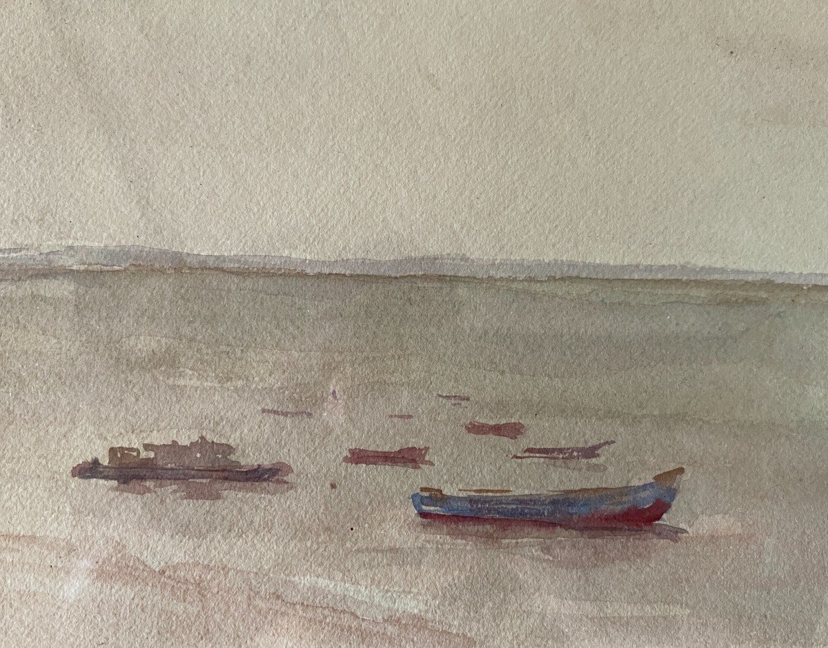  Aquarelle Sur Papier Paysage Atlantique Barques Sur Le Bassin Vers 1950-photo-3