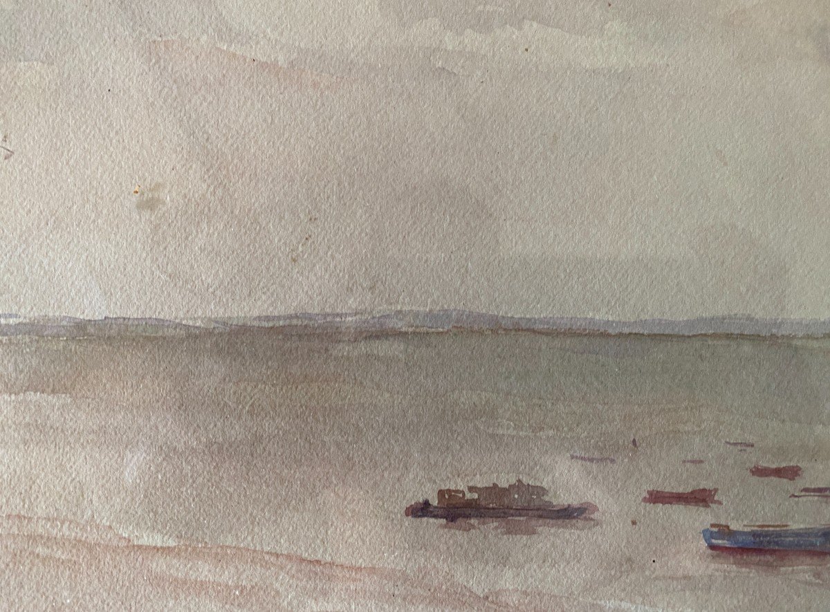  Aquarelle Sur Papier Paysage Atlantique Barques Sur Le Bassin Vers 1950-photo-4