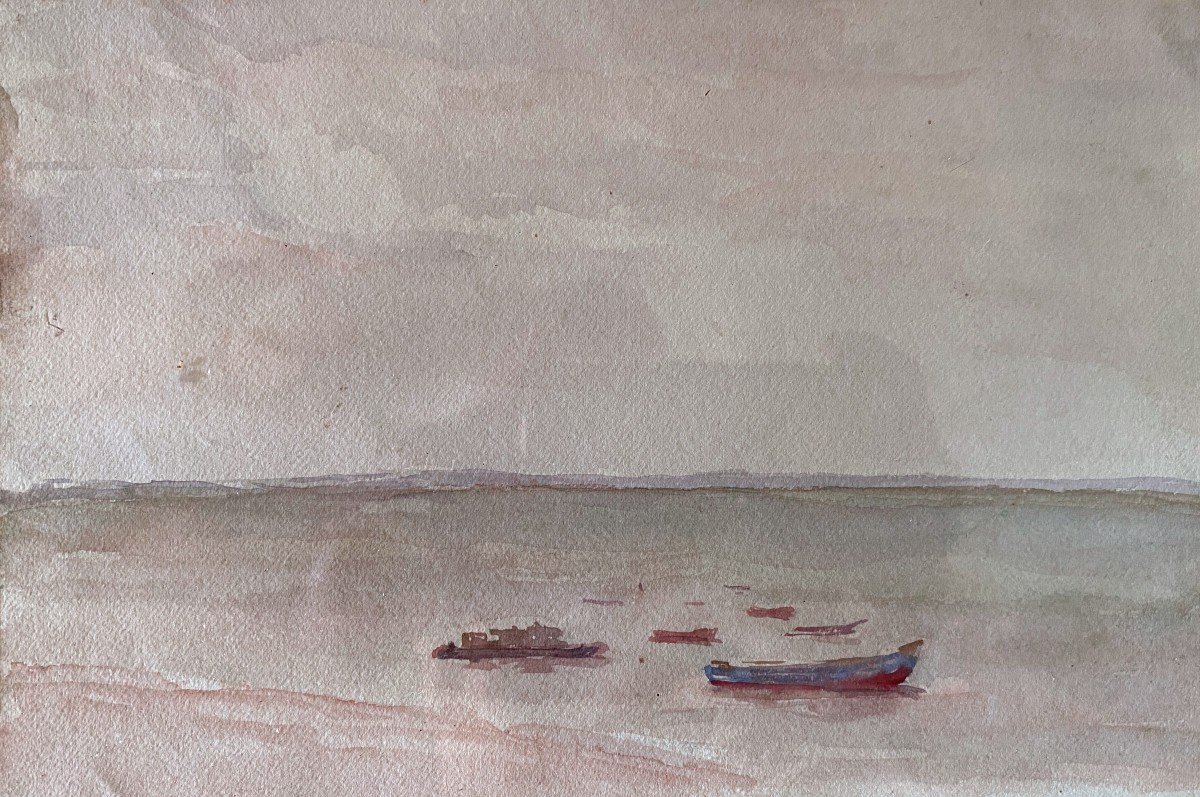  Aquarelle Sur Papier Paysage Atlantique Barques Sur Le Bassin Vers 1950