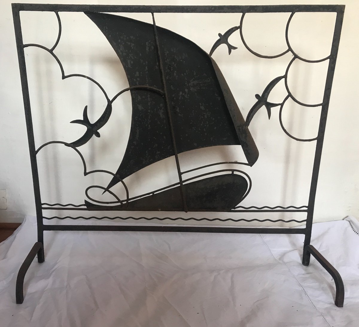 1940 Fireplace Screen, Seaside, Marine Motif, Sailboat, Regatta. Wrought Iron.-photo-3