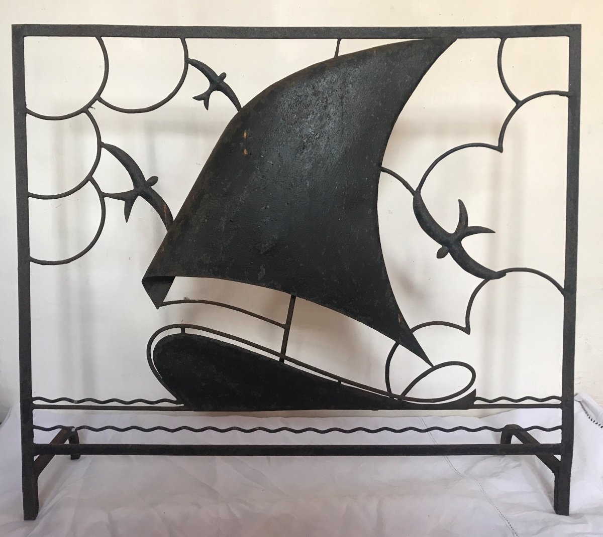 1940 Fireplace Screen, Seaside, Marine Motif, Sailboat, Regatta. Wrought Iron.