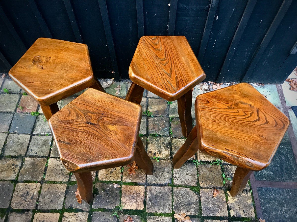 Set Of 4 Solid Elm Stools In The Style Of Pierre Chapo-photo-3