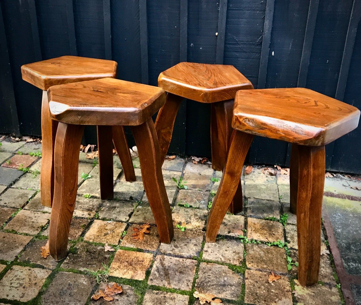 Set Of 4 Solid Elm Stools In The Style Of Pierre Chapo-photo-4