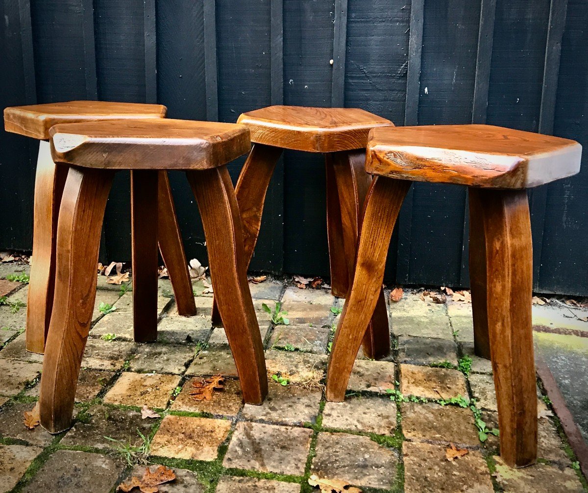 Set Of 4 Solid Elm Stools In The Style Of Pierre Chapo