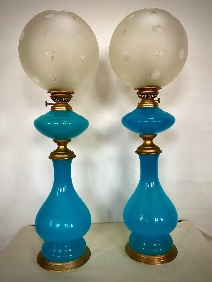 Paire De Lampe En Opaline Bleue de style Napoléon III-photo-2