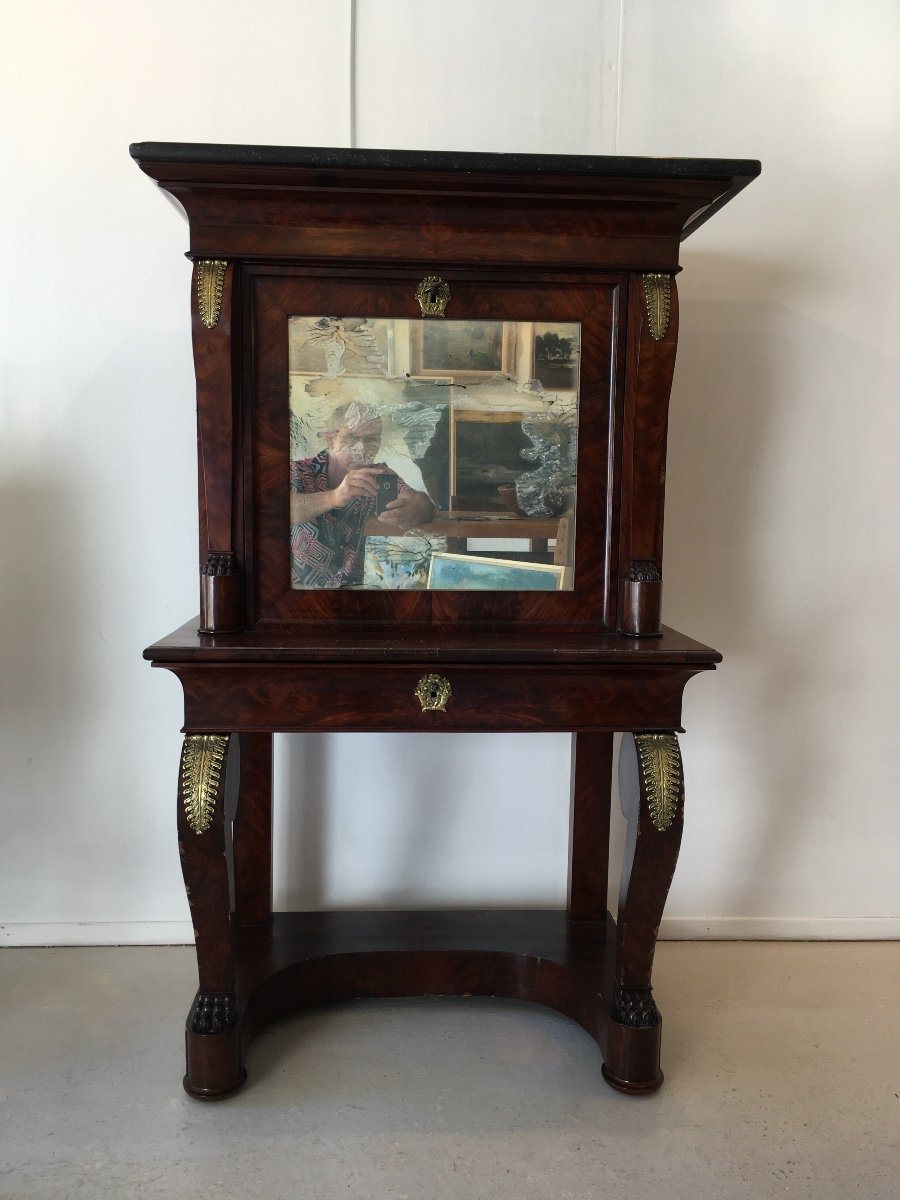 Lady's Secretary, Restoration Period, In Mahogany, Clover Keys, Black Marble Top